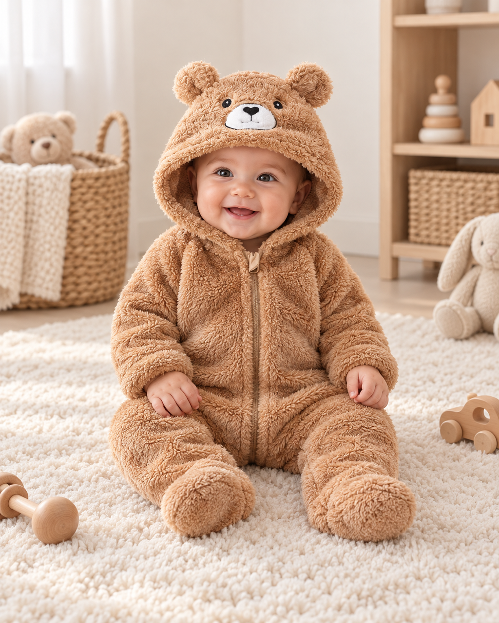 Bébé portant la combinaison Ourson caramel à capuche