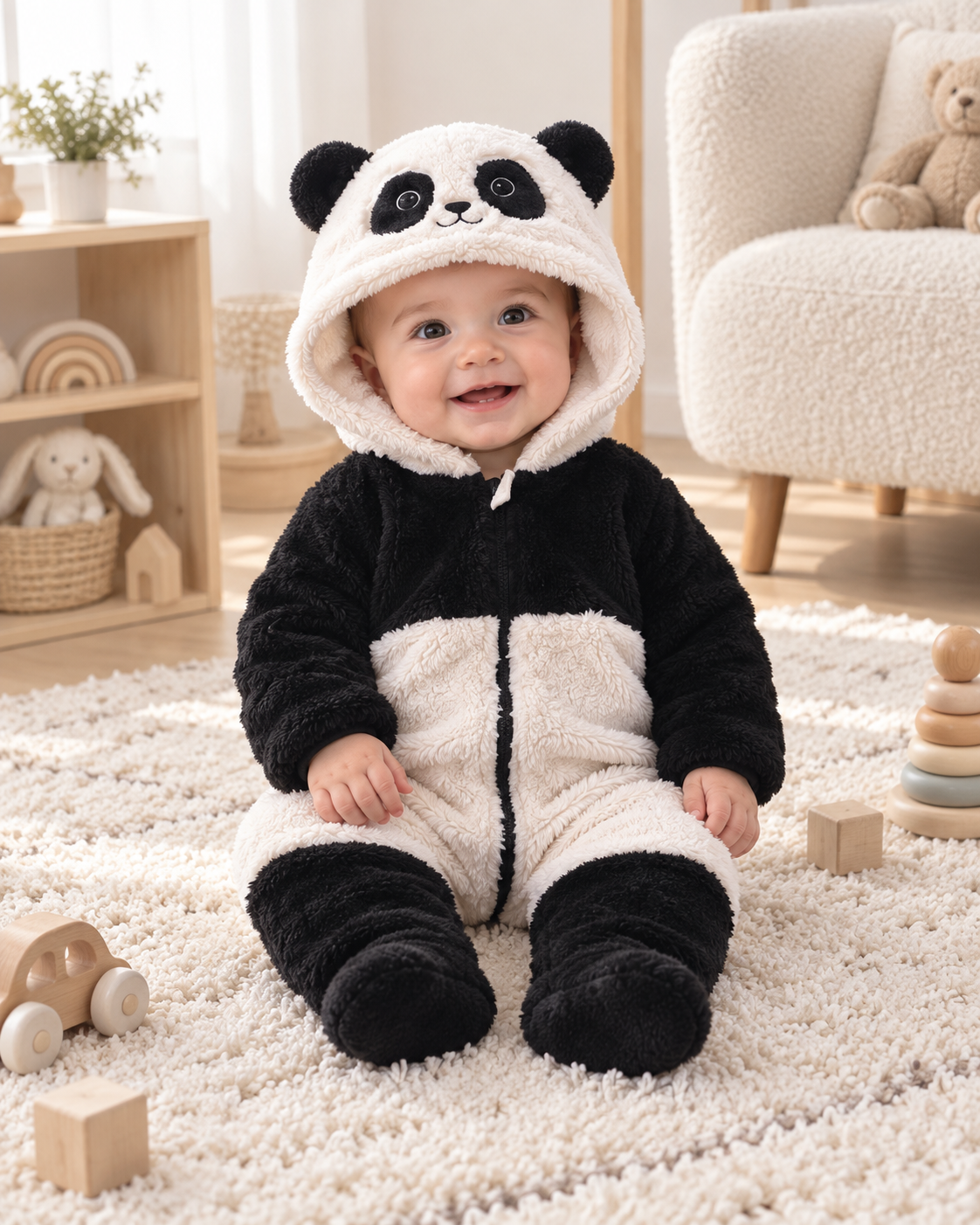 Bébé portant la combinaison Panda noir et blanc à capuche