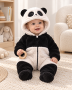 Combinaison Panda noir et blanc portée par un bébé dans sa chambre