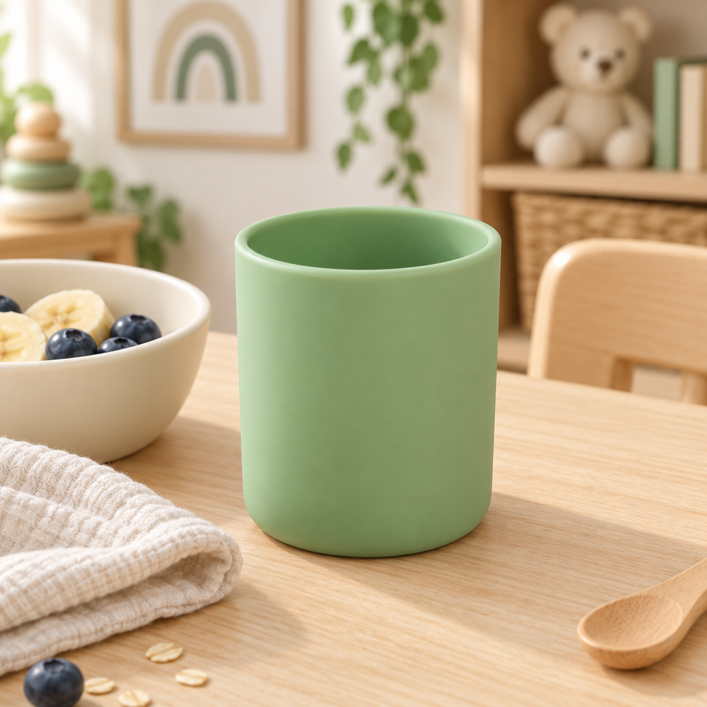 Gobelet en silicone vert sauge dans un espace repas bébé