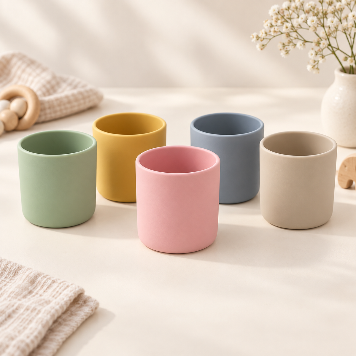Gobelets bébé en silicone dans cinq coloris pastel