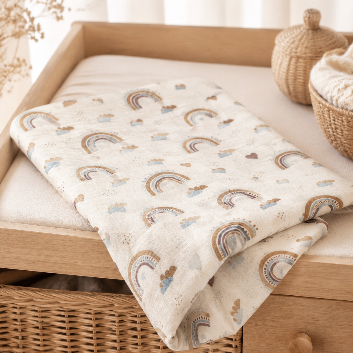 Lange bébé en mousseline de coton motif arc-en-ciel sur une table à langer