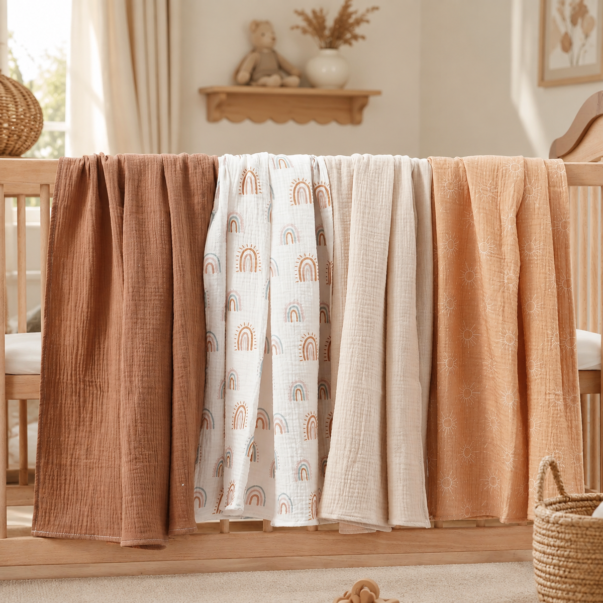 Lot de 4 langes bébé en mousseline de coton dans une chambre de bébé