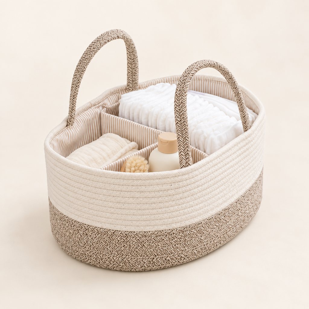 Panier organiseur de change bébé en corde de coton beige