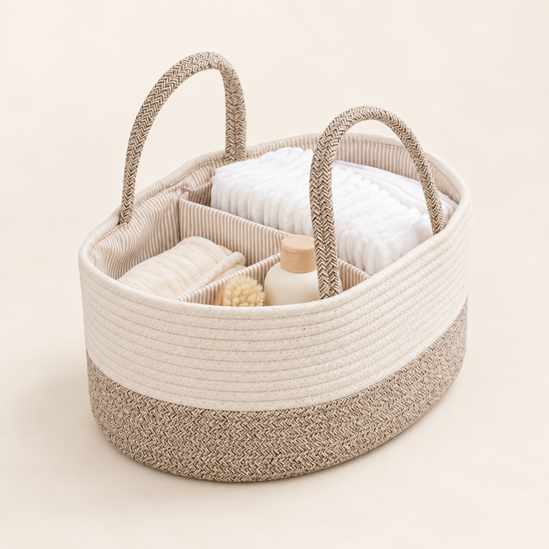Panier organiseur de change bébé en corde de coton beige