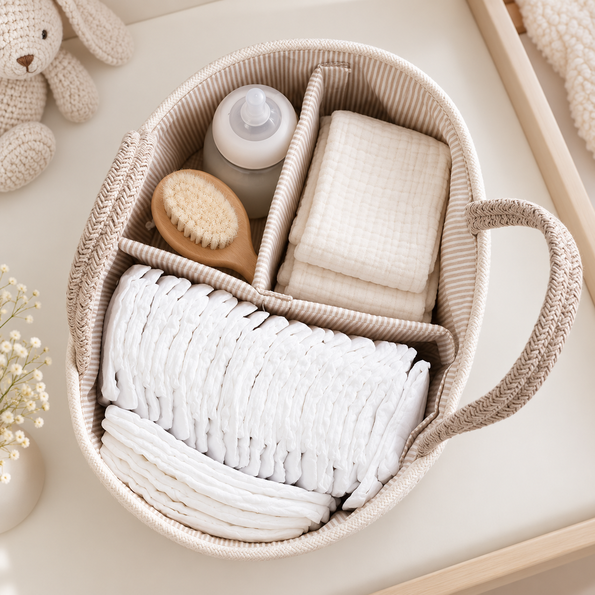 Compartiments du panier organiseur avec couches et accessoires bébé