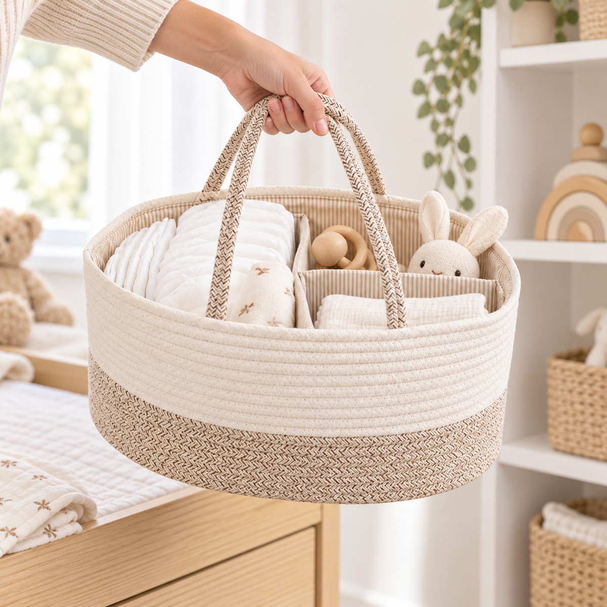 Panier de change bébé transporté par ses deux poignées