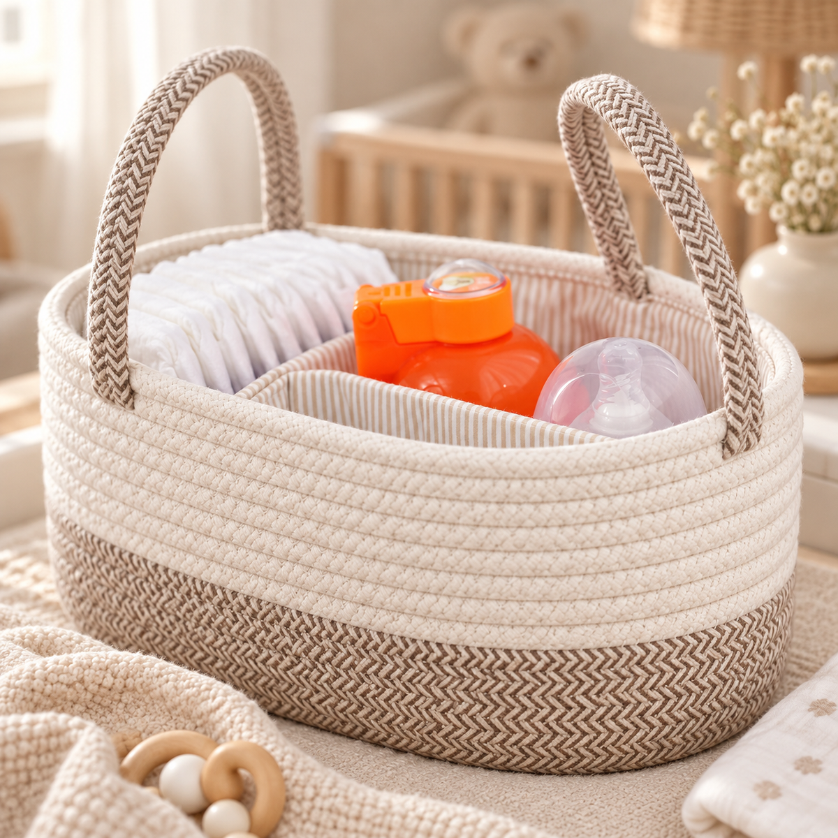 Détail de la corde de coton et du tissage beige du panier bébé