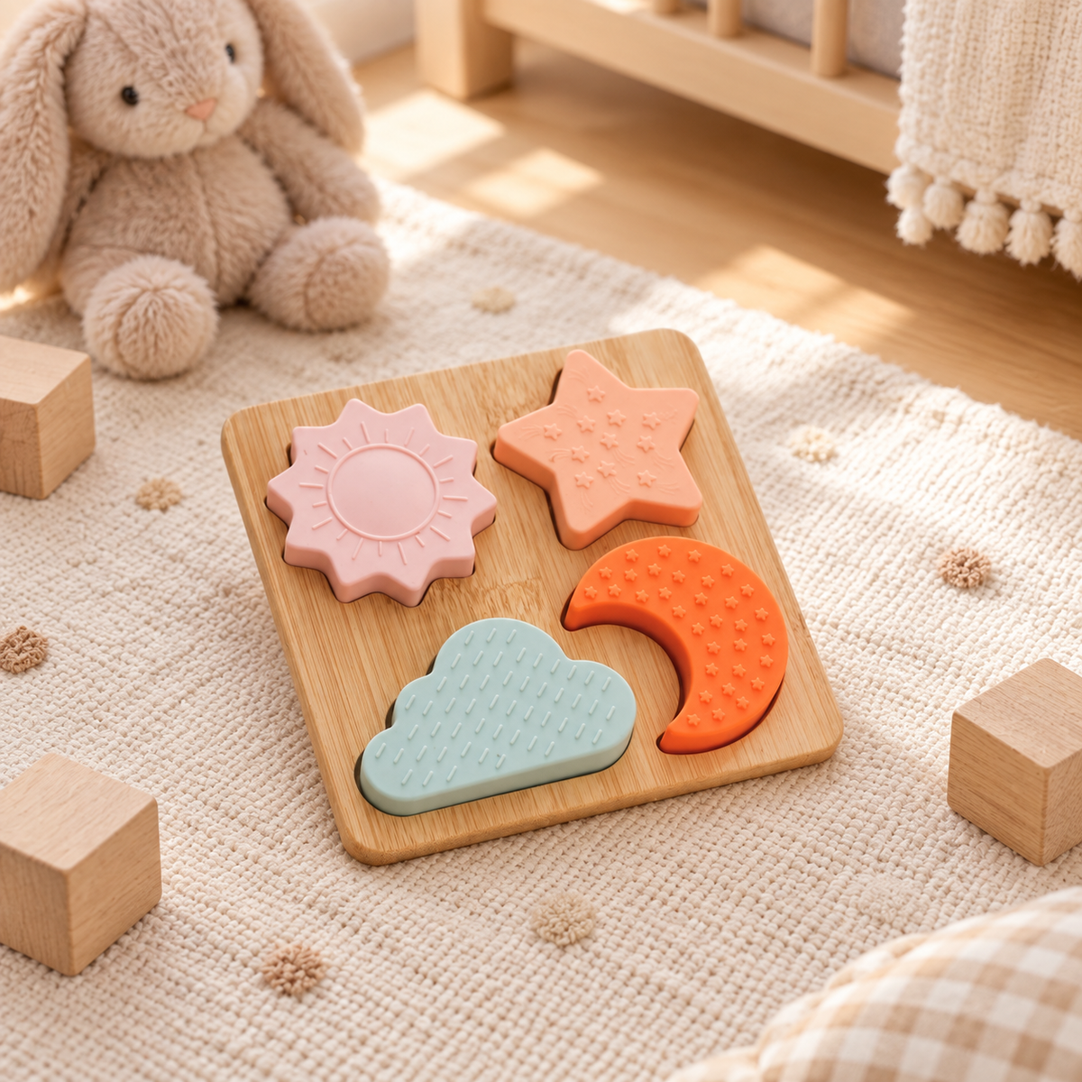 Puzzle Montessori en bois thème ciel avec soleil, étoile, nuage et lune