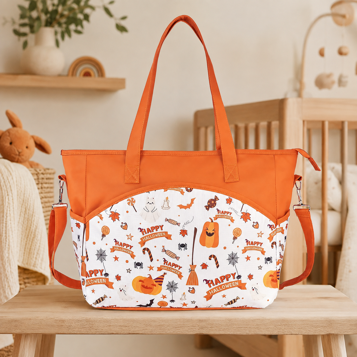 Sac à langer cabas motif Halloween orange dans une nurserie chaleureuse