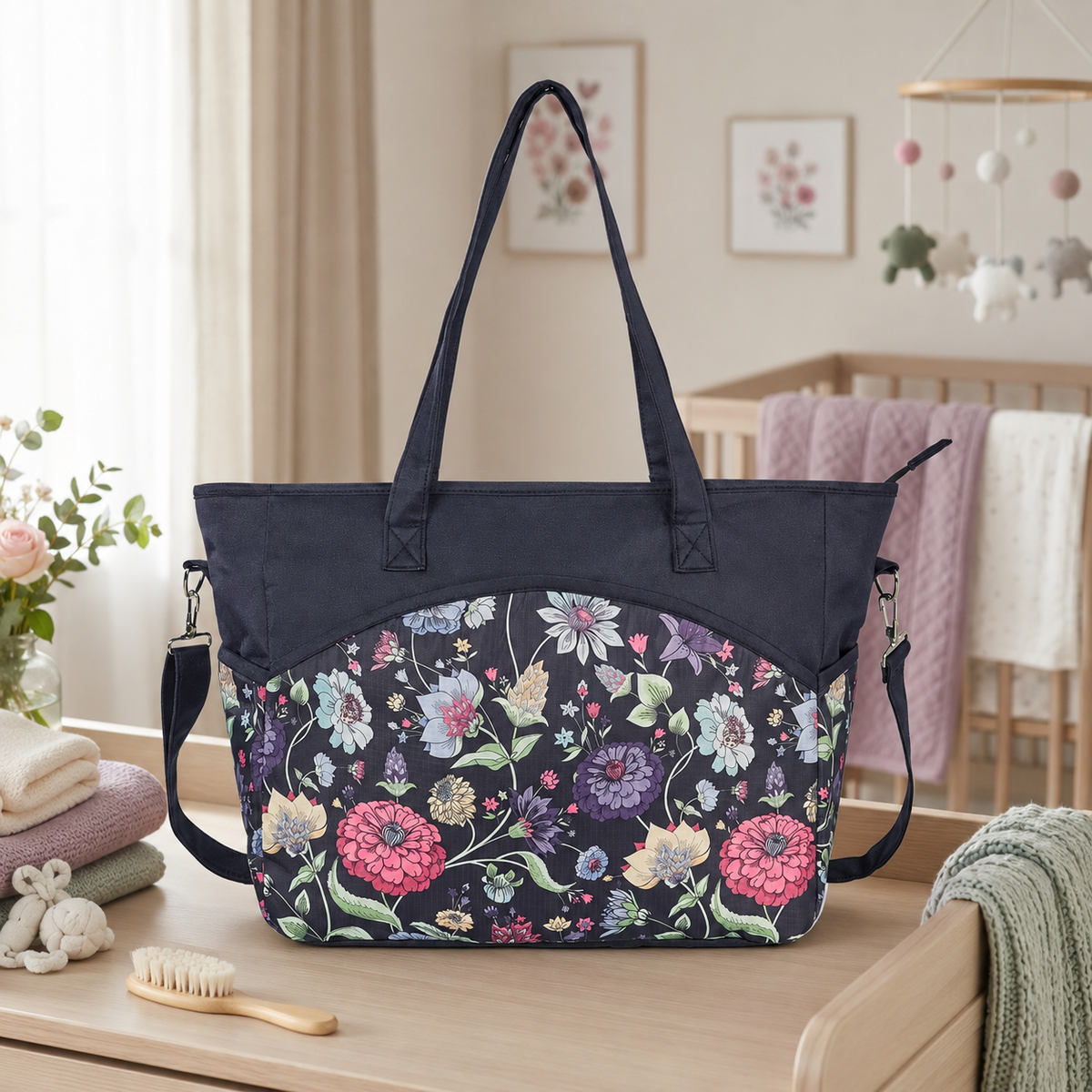 Sac à langer cabas motif Jardin nocturne près d’un berceau