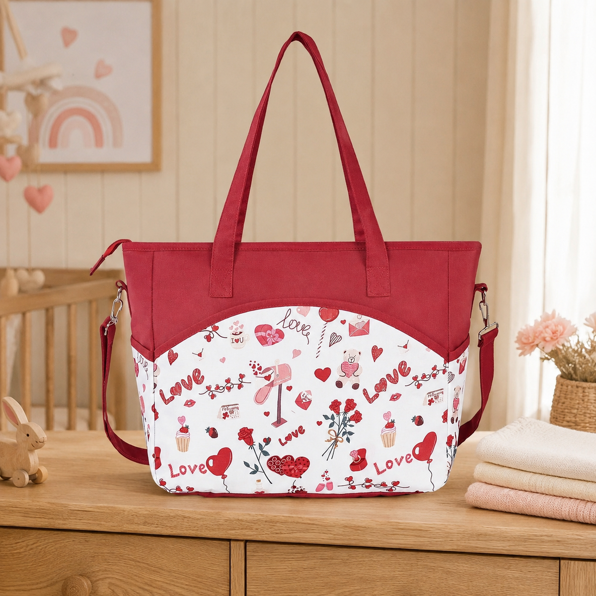 Sac à langer cabas motif Rouge romantique dans une nurserie
