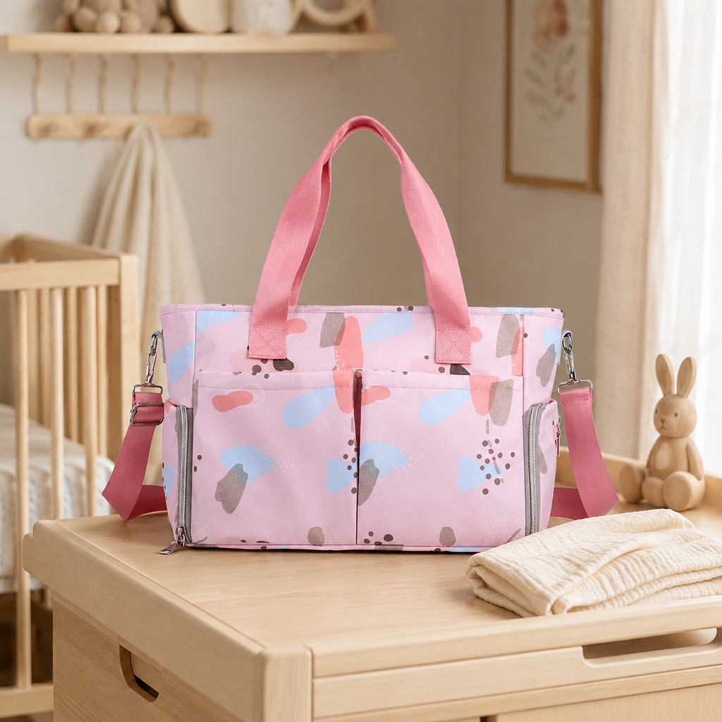 Sac à langer multipoches Rose pastel dans une chambre de bébé chaleureuse