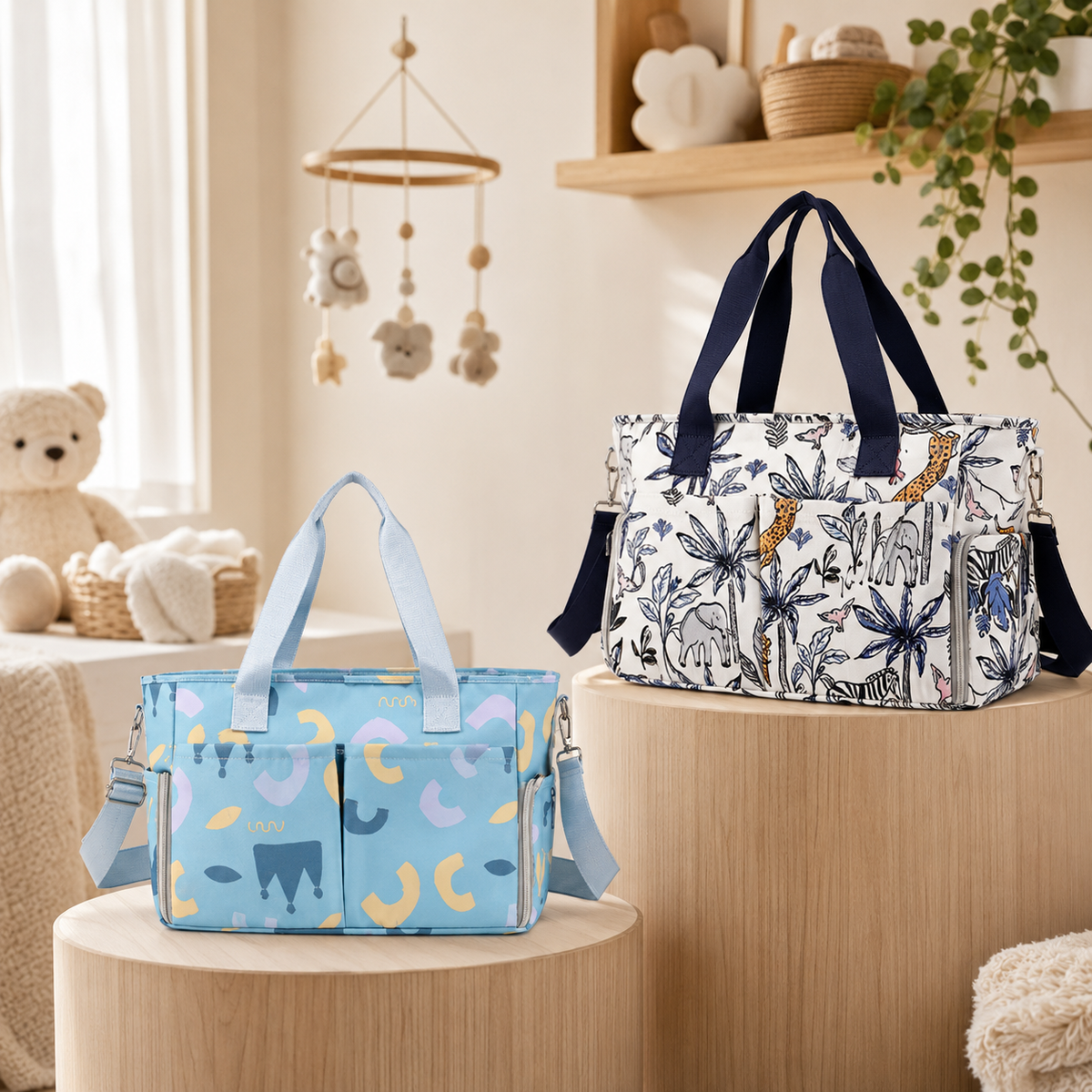 Sacs à langer Bleu graphique et Safari présentés dans une nurserie