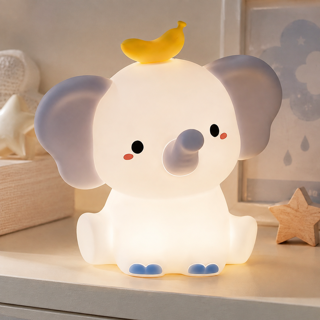 Détail de la veilleuse bébé éléphant diffusant une lumière douce