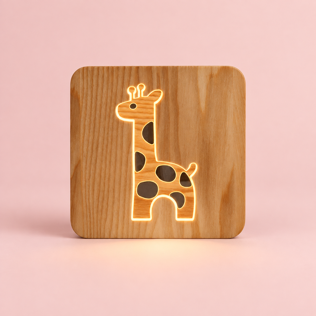 Veilleuse bébé girafe en bois LED allumée sur fond rose poudré