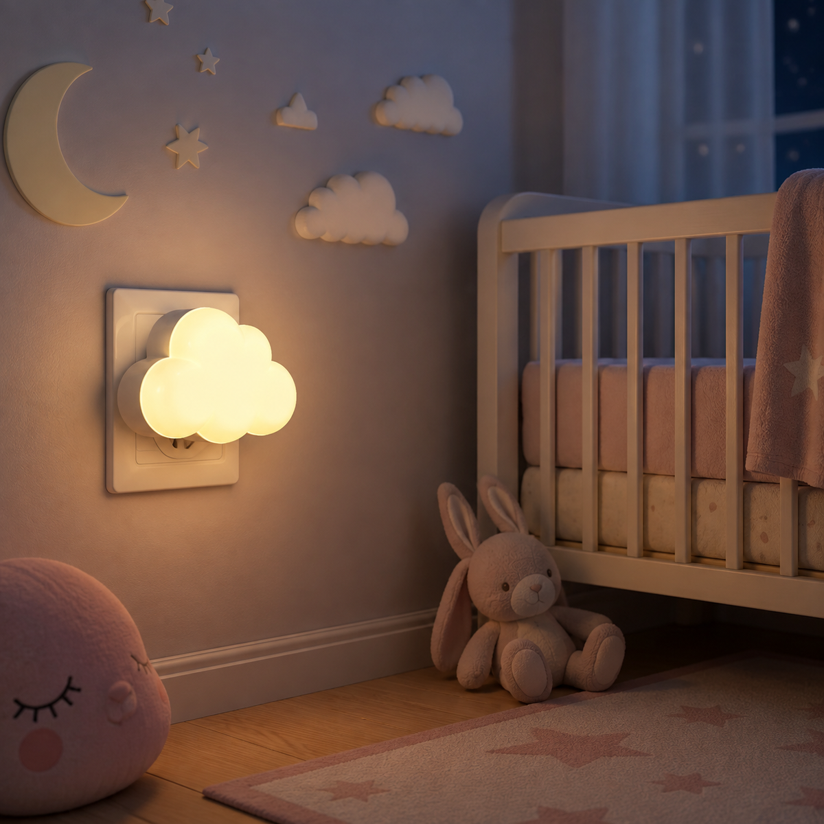Veilleuse bébé nuage allumée au crépuscule dans une chambre de bébé