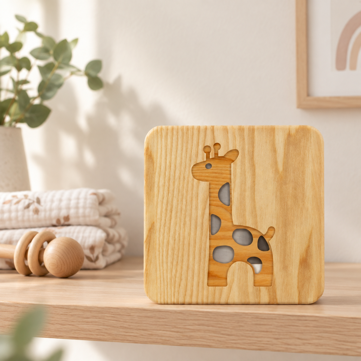 Veilleuse girafe en bois éteinte sur une étagère de chambre bébé