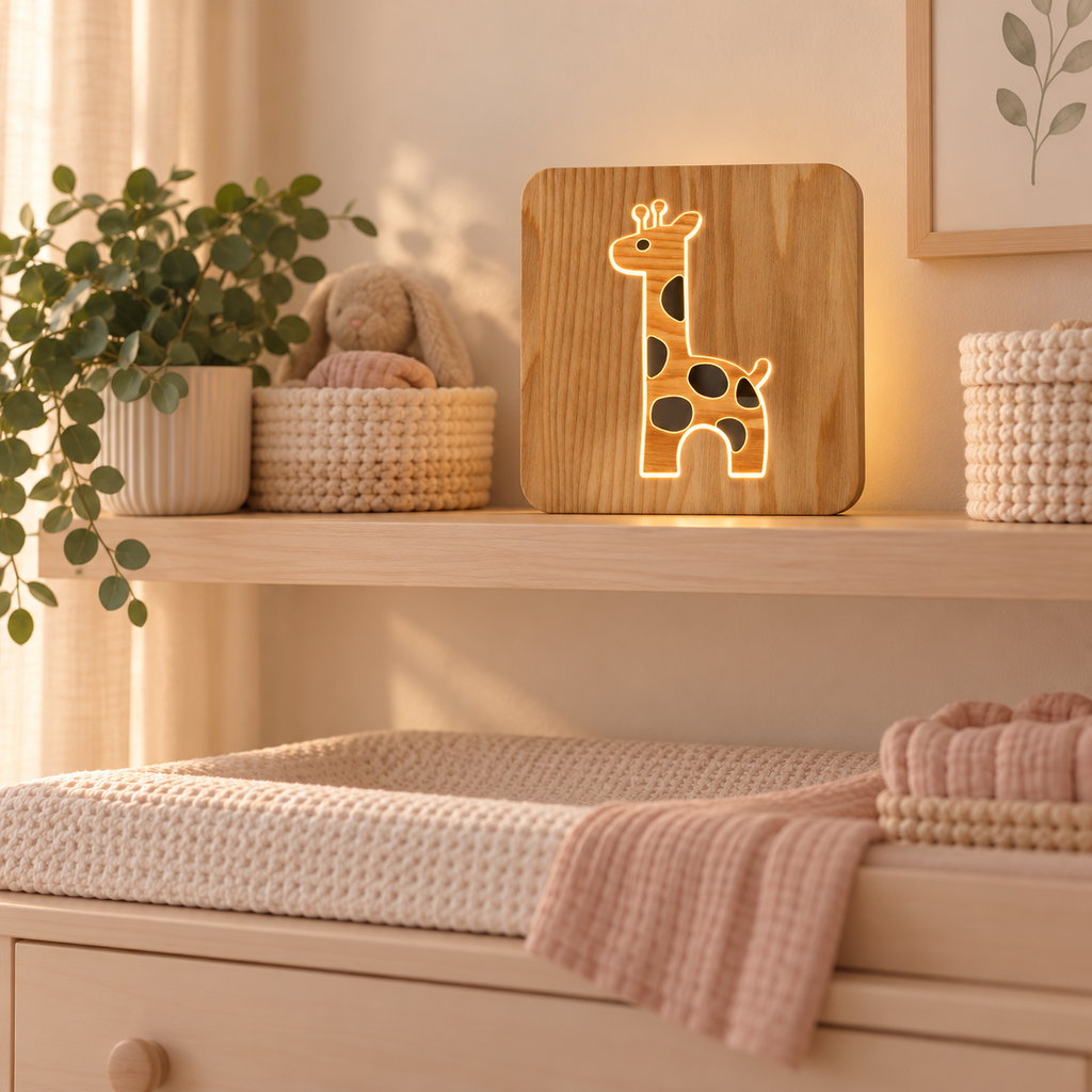 Veilleuse girafe allumée au-dessus du coin change de bébé