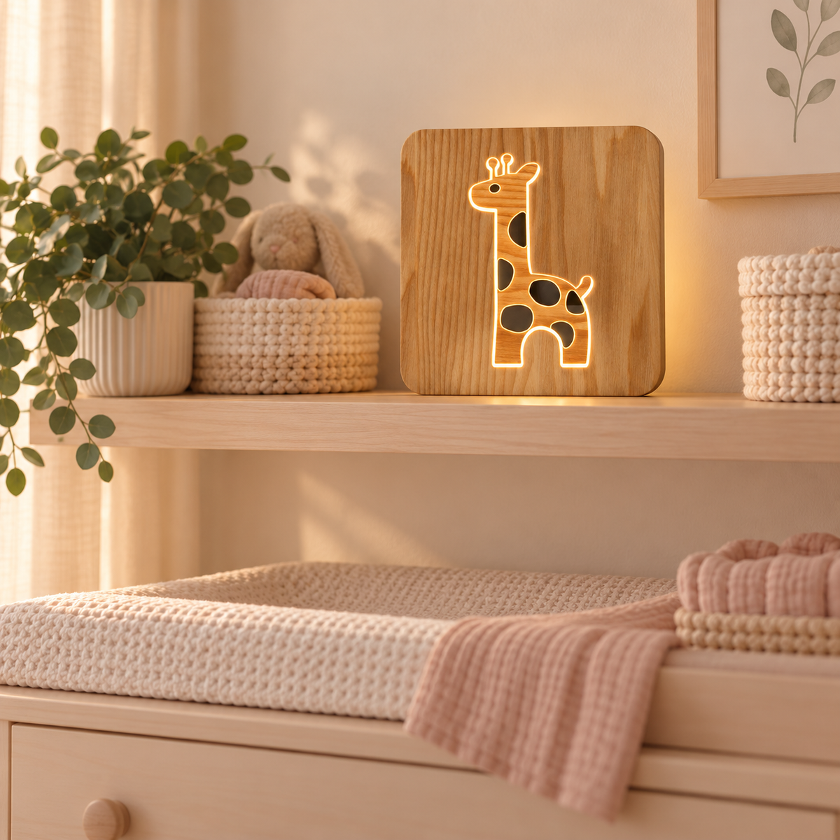Veilleuse girafe allumée au-dessus du coin change de bébé