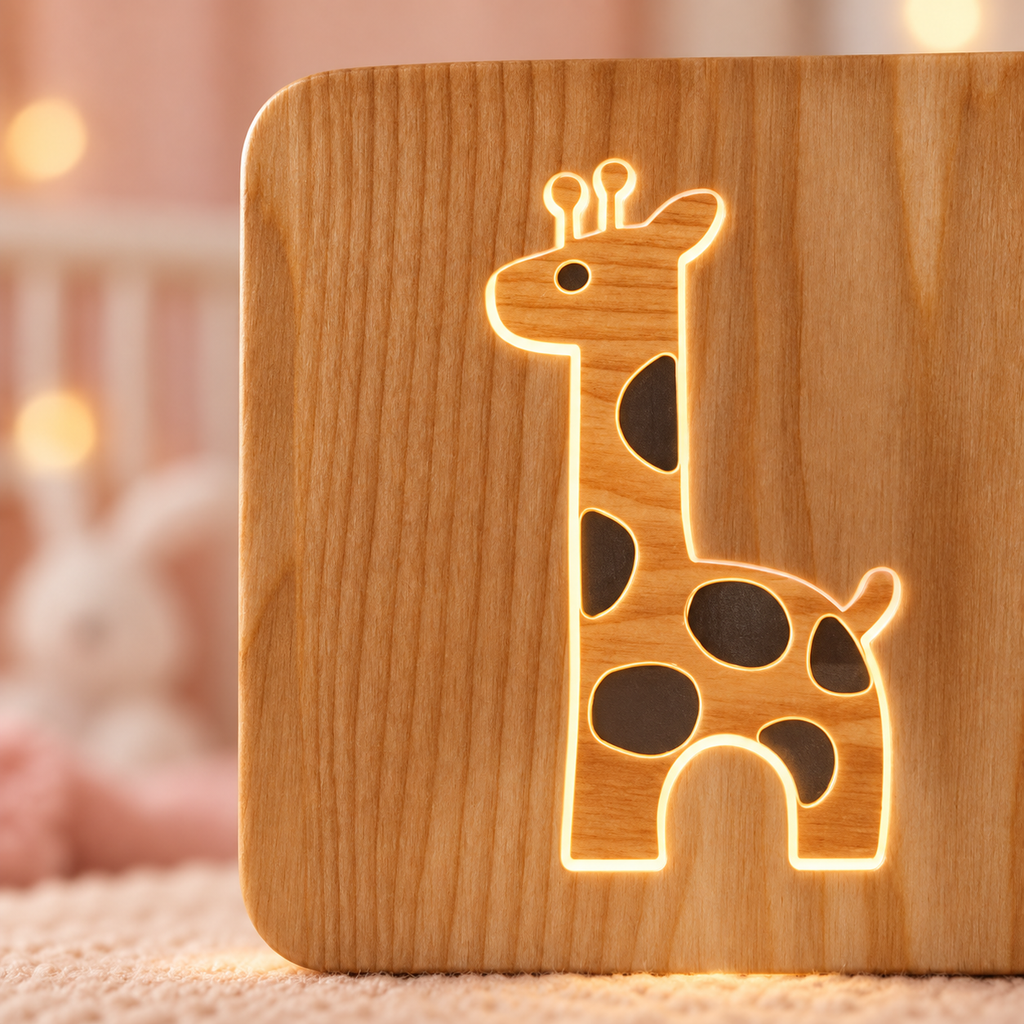 Gros plan de la veilleuse girafe et de sa lumière blanc chaud