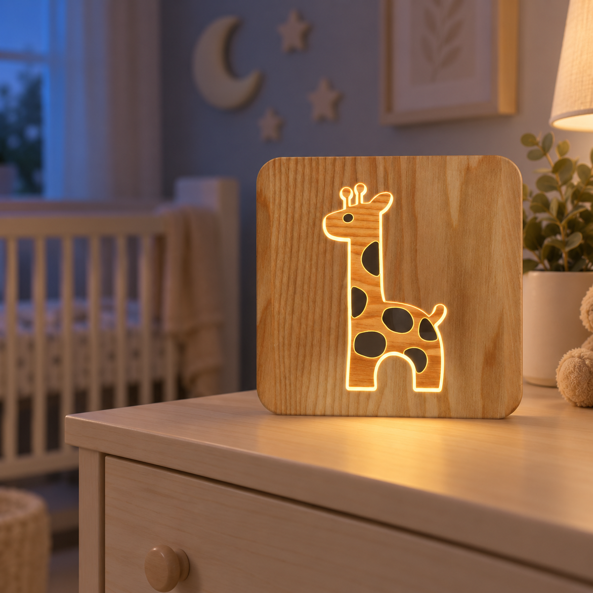 Veilleuse bébé girafe LED allumée dans une chambre de nuit
